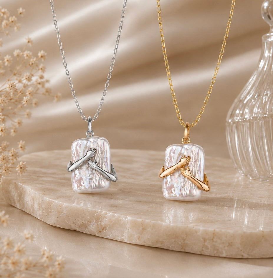 Unique Square Pearl Couple Pendant Necklace